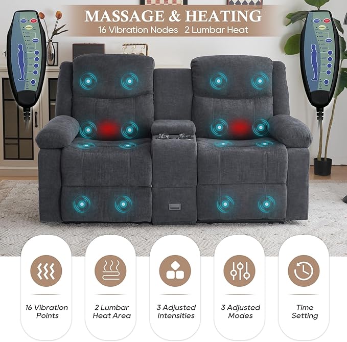 Loveseat Recliner Sofa, Manual Recliner Loveseat with Console, Modern Chenille Sofa Sleeper Deep Couches with Cup Holders and Side Pocket for Living Room/Office/Apartment (Grey) | Heating & Massage, Hidden Drawer