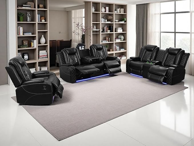 Power Recliner Sofa Sets, Living Room Furniture Sets, Black Modern Power Reclining Sofa, Loveseat and Chair with Cup Holders/Storage Console/LED Light for Living Room