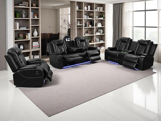 Power Recliner Sofa Sets, Living Room Furniture Sets, Black Modern Power Reclining Sofa, Loveseat and Chair with Cup Holders/Storage Console/LED Light for Living Room