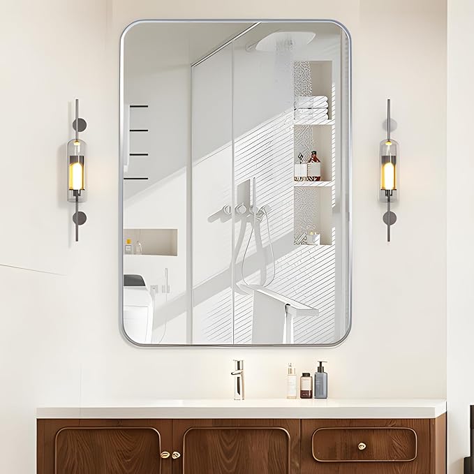 Manocorro Bathroom Mirror,29x40 Inch Wall Mirror Rectangular with Aluminum Alloy Frame, Rounded Corner Hanging Mirror Decor for Entryway, Bedroom, Living Room, Silver
