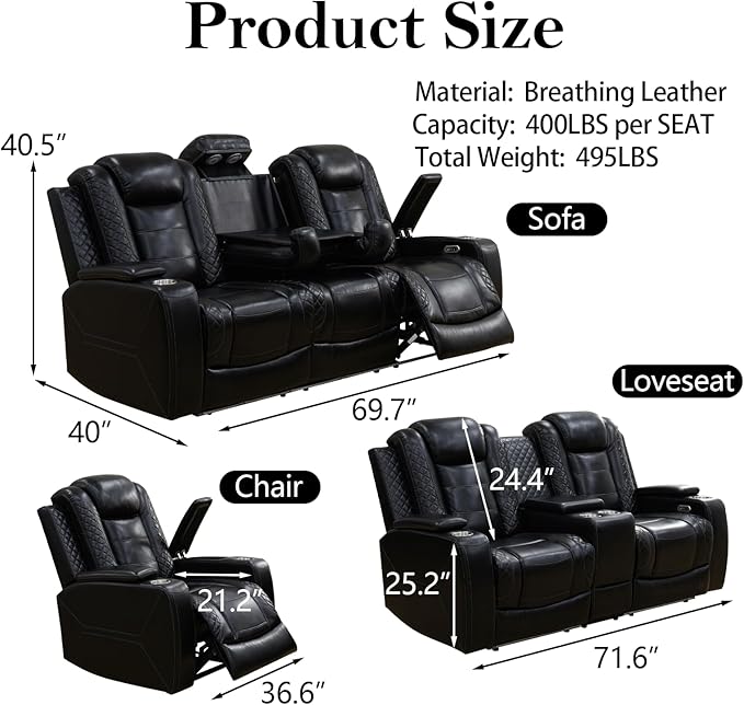 Power Reclining Sofa Set for Living Room, Leather Recliner Couch Set with Drop-Down Table, Power Pads, Cup Holders, Storage Console for House/Home Teather(Sofa, Loveseat and Chiar, Black)