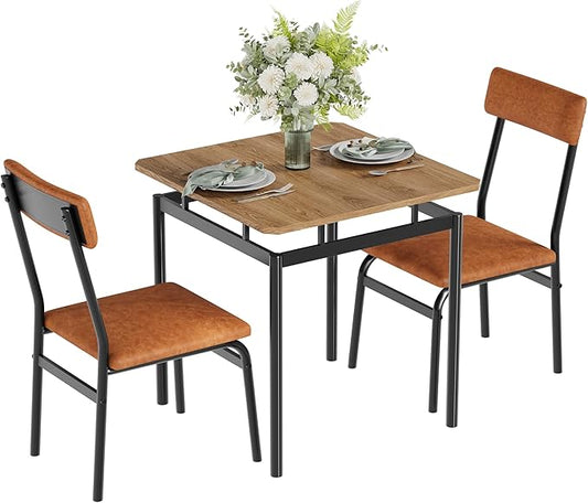 Garvee 3 Piece Dining Table Set, Kitchen Table Set for 2 with 2 PU Upholstered Chair, Industrial Metal Frame Dinette Set for Small Space, Dining Room, Apartment, Studio, Brown