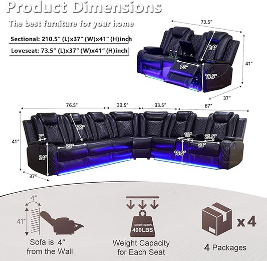 Leather Power Recliner Sectional Sofa Set with LED, Breathing Leather Reclining Corner Couch & Loveseat, L-Shaped Recliner Sofa Power Loveseat with Cup Holders/Storage for Living Room