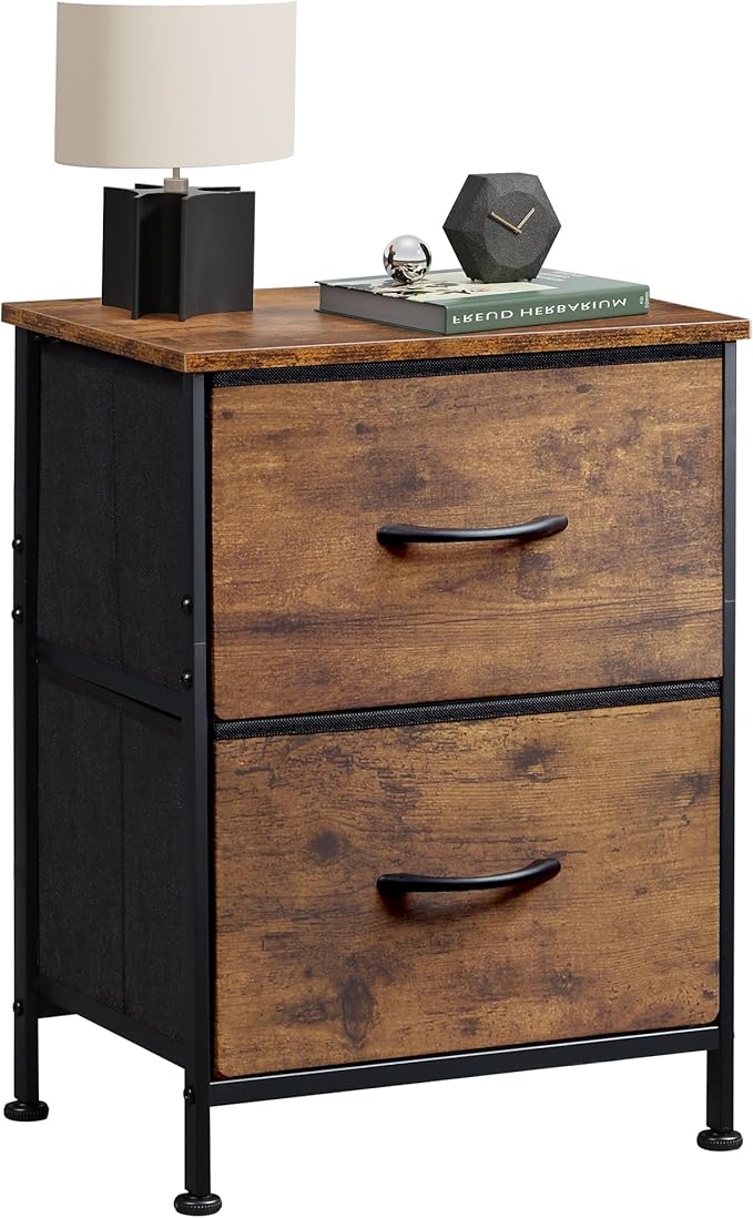 WLIVE Night Stand, Small Dresser with 2 Drawers & Wooden Top, Nightstand with Fabric Bins, Bedside Table End Table for Bedroom, Closet, Entryway, College Dorm, Rustic Brown