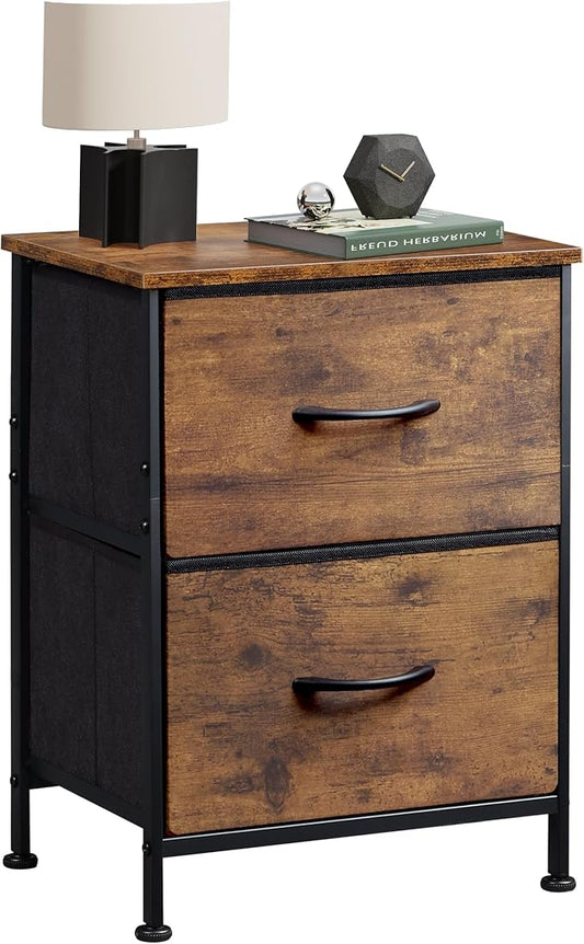 WLIVE Night Stand, Small Dresser with 2 Drawers & Wooden Top, Nightstand with Fabric Bins, Bedside Table End Table for Bedroom, Closet, Entryway, College Dorm, Rustic Brown