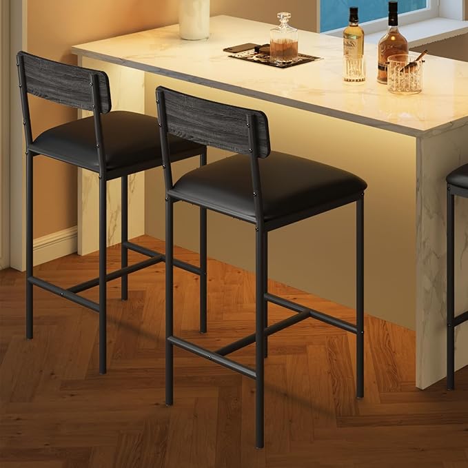 Amyove Bar Stools Set of 2, Upholstered Bar Chairs with Back, 25.5 Inches Kitchen Bar Stools with Footrest, Thick Cushion, Counter Height Barstools for Island, Counter Bar, Easy Assembly, Rustic Grey