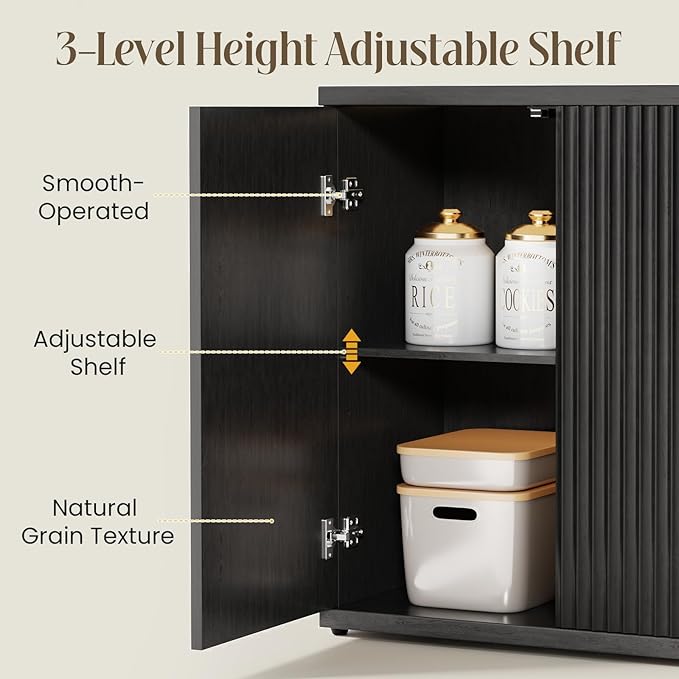 Fluted Buffet Cabinet Sideboard with Storage, Wooden Credenza with 2 Doors & Adjustable Shelf, Modern 15" Deep Accent Cabinet for Living Room, Kitchen Dining Room Entryway,Black