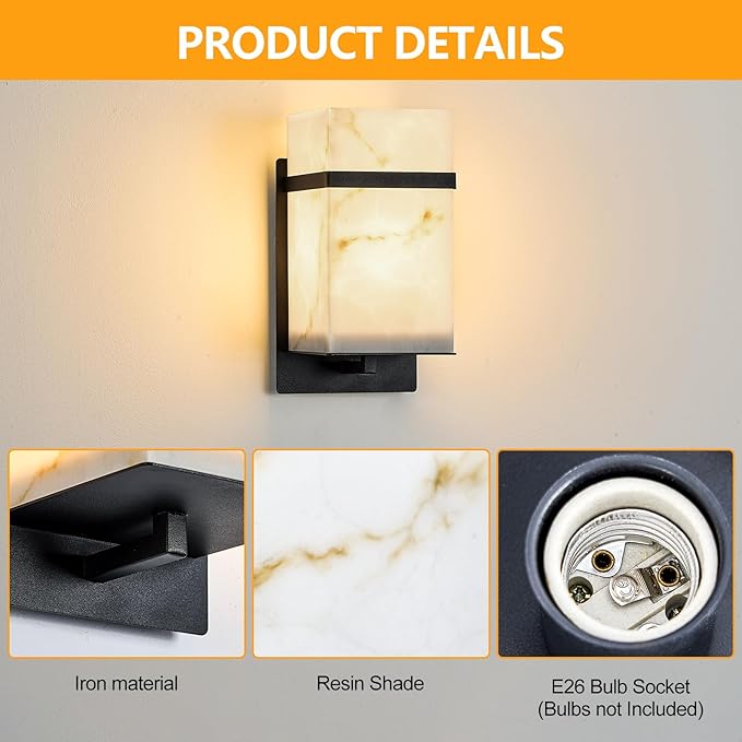 Outdoor Wall Light E26 Base Black Metal - Exterior Waterproof Lanterns with Resin Shade, Porch Sconces Wall Mount Lighting Brightens to Garage,Patio,Front Door (Bulb not Included)