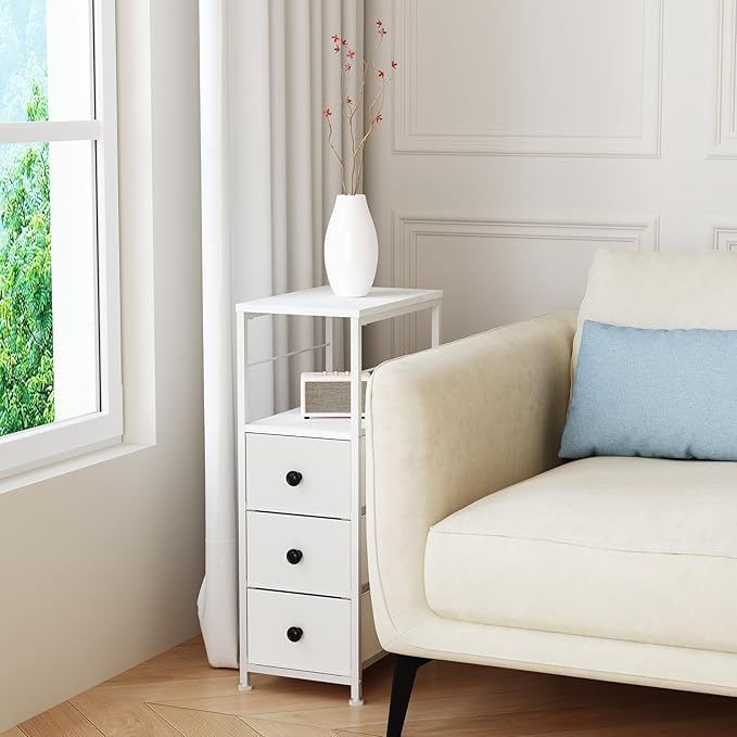 YBING Narrow Storage Cabinet with Drawers, Narrow Dresser, Small Fabric Storage, Slim Dresser for Bedroom, Small Spaces, Laundry, Closet, Bathroom, White
