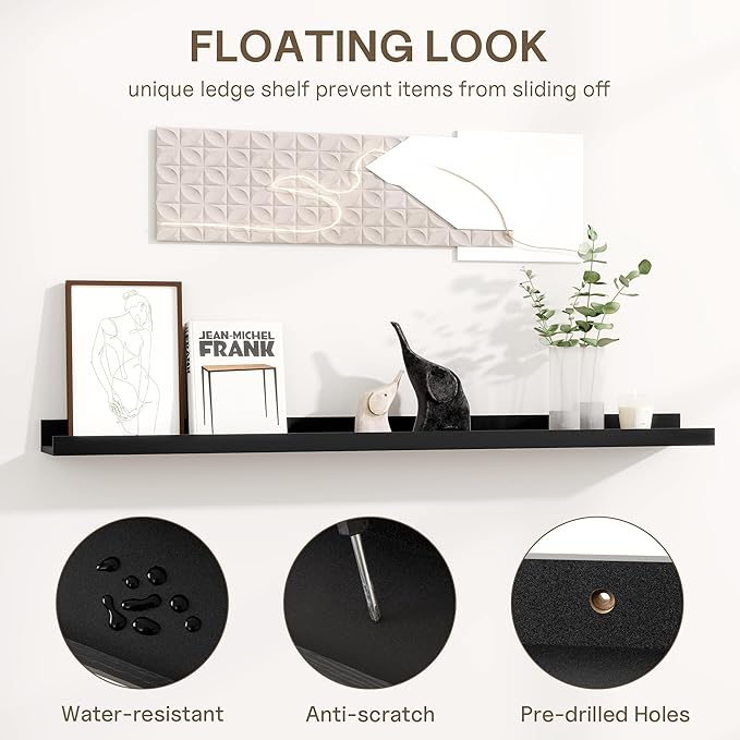 Fun Memories Long Wall Shelves Set of 2-72 Inch Floating Shelves for Wall - Picture Ledge Shelf with Lip for Storage - Wall - Mounted Shelves for Bedroom - Living Room - Kitchen - Black Color