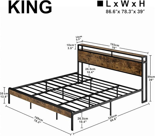 LIKIMIO King Size Bed Frame, Platform Bed with 2-Tier Storage Headboard, Solid and Stable, Noise Free, No Box Spring Needed, Easy Assembly, Vintage Brown