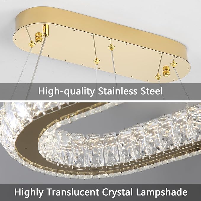 LED Oval Ring Chandelier Crystal Pendant Lighting for Dining Table Kitchen Island Remote Dimmable Hanging Light Chandeliers for Entryway Living Room Lights Gold