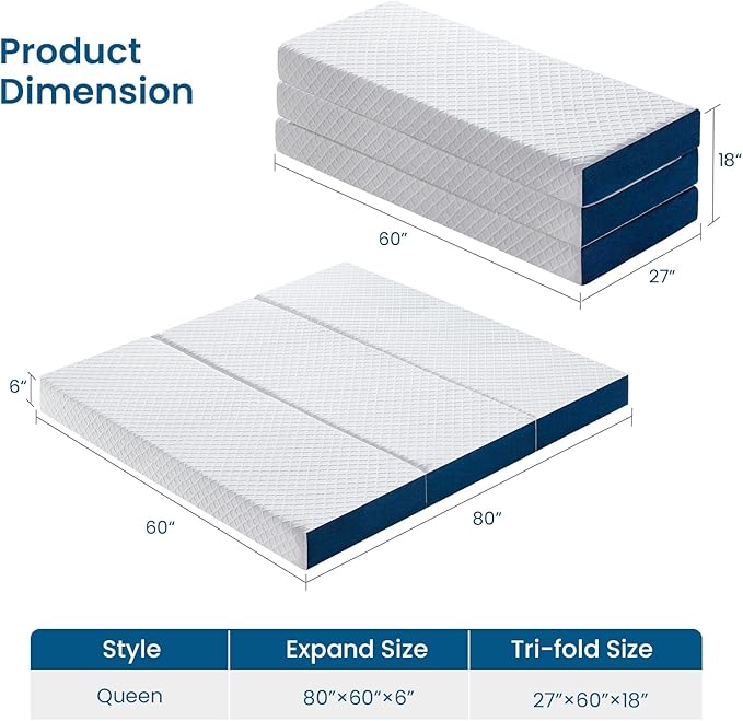 Inofia Queen Size 6 Inch Folding Mattress, Trifold Gel Memory Foam Bed, Foldable Floor Mattress with Removable Cover, Portable Floor Guest Bed for RV, Camping (80"x60"x6")