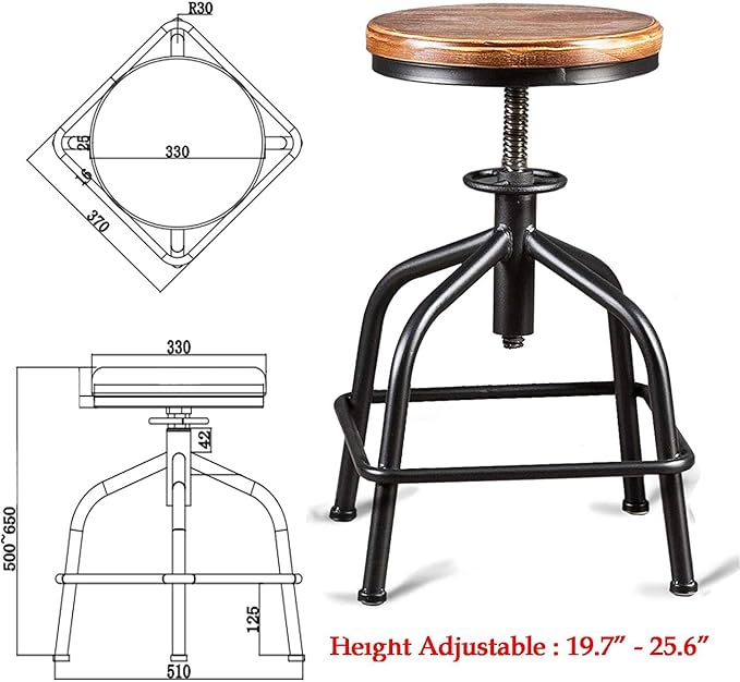 Topower Farmhouse Kitchen Stool, Industrial Counter Stool, Kitchen Deco Round Seat Standard Height Adjustable Swivel Bar Stools Indoor House Design Wood Seat Black Set of 2