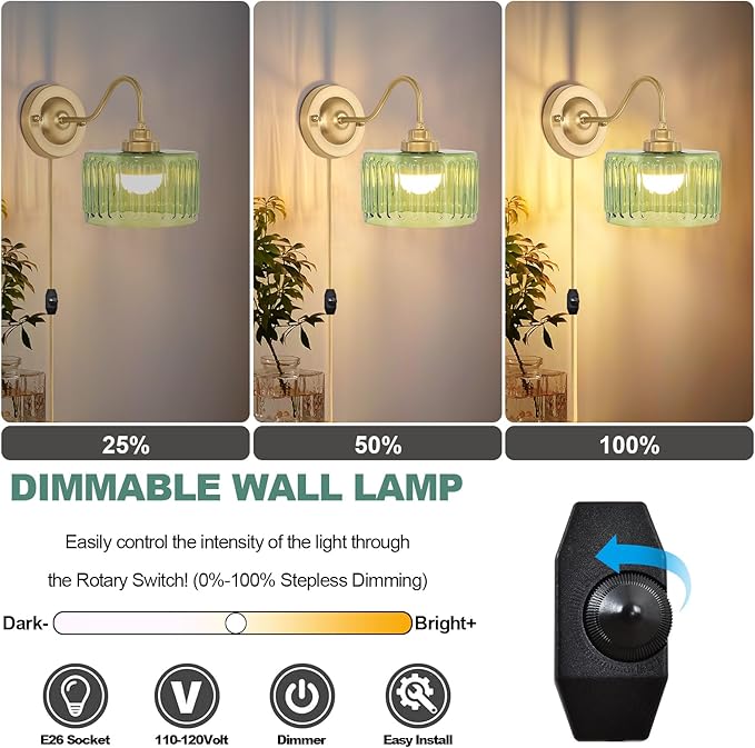 Vintage Plug in Wall Sconces Dimmable Wall Sconces of Two,Wall Lamps with Plug in Cord & Flower Glass Lampshade,Gold Sconces Wall Decor Set of 2 Plug in Wall Lights Sconces for Bedroom