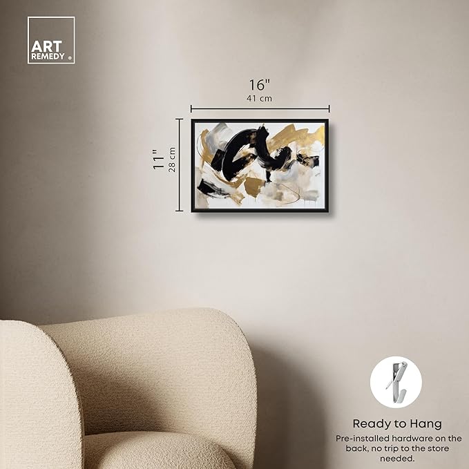 Art Remedy Moved Abstraction Canvas Modern Black White Abstract Wall Art, Black Frame, 15" x 10"