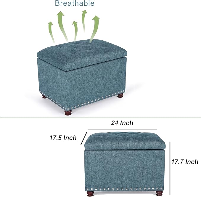 Adeco Rectangular Storage Ottoman Foot Rest Stool, Fabric Button Tufted Storage Ottoman with Hinged Lid (Cyan)