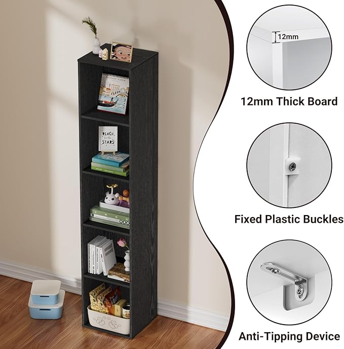 5 Tier Bookshelf, Open Tall Narrow Floor Standing Bookcase, Wooden Book Shelf Display Organizer for Home Office, Study (Black, 5 Cube)