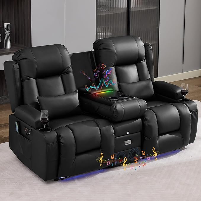 IPKIG Power Recliner Sofa with Flip-Up Backrest Console, USB & USB-C Ports, AC Outlet, LED Lights, Wall Hugger Recliners for Living Room, RV (Midnight Black, 67" - 2 Seat) | Breathable Leather, Zero Gravity, Dual Reclining, 2 Lumabr Pillow, Bluetooth S...
