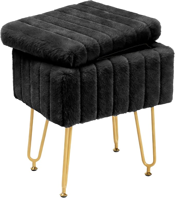 DUMOS Vanity Stool Chair with Storage, Small Ottoman Faux Fur Soft Padded Footstools Seat with 4 Metal Legs Anti-Slip Adjustable Feet Modern Footrest for Home Entryway Bedroom Makeup Black