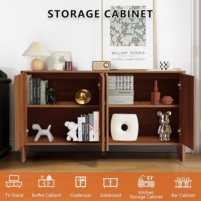 Modern Accent Buffet Cabinet with Adjustable Shelves, Storage Cabinet with 4 Doors, Modern Sideboard Buffet Cabinet, Freestanding Sideboard with Fluted Doors for Kitchen and Living Room (Walnut)