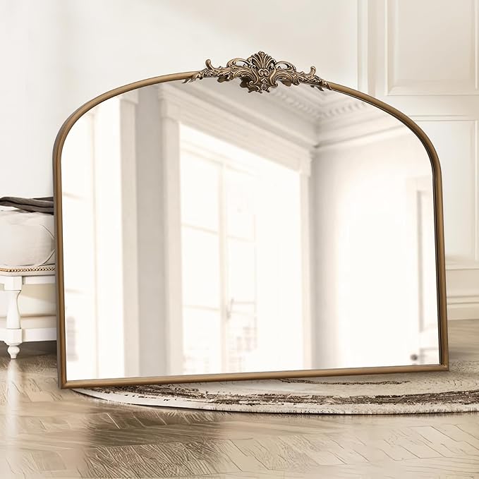 Besdomus Vintage Arched Gold Mirror: 40"x29" Large Matt Gold Antique Wall Mounted Mirror - Baroque Traditional Ornate for Entryway/Fireplace/Bathroom/Hallway - Home Decor for Fashion Women
