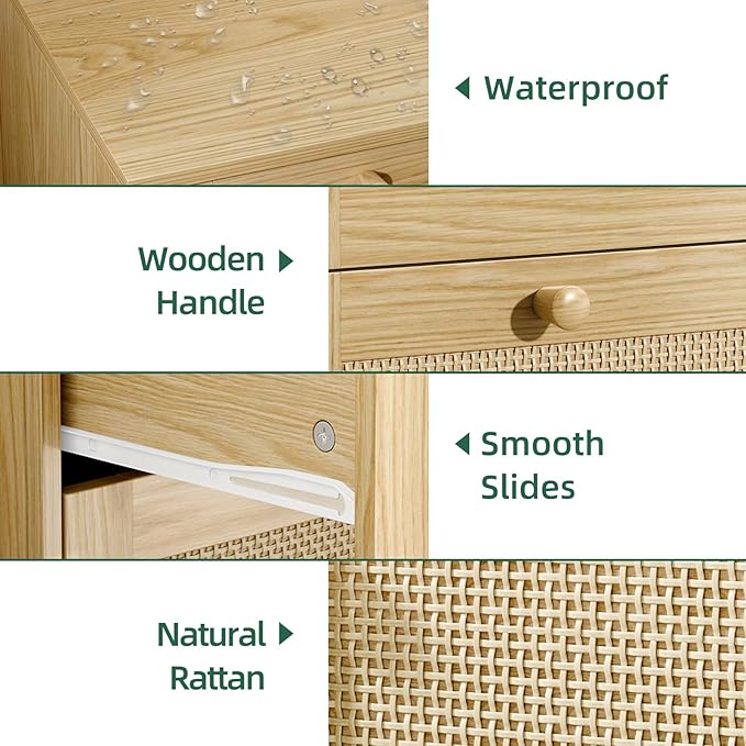 6 Drawer Rattan Dresser for Bedroom, Modern Wooden Dresser Chest with Handles for Bedroom, Hallway and Living Room, Wood Oak