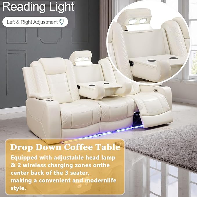 Power Recliner Sectional Sofa Set with LED Lights, Living Room Furniture Sets, L Shaped Reclining Sectional Couch and 3 Seats Sofa,Leather Couch with Coffee Table/Storage for Living Room