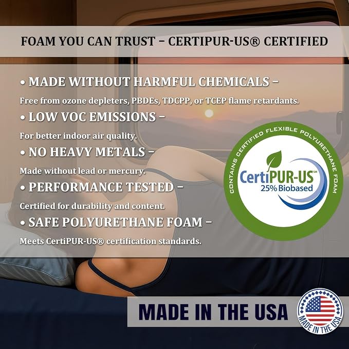Foamma 12” x 36” x 75” High Density Gel Memory Foam RV Bunk Mattress Foam Replacement Topper with Polyester Navy Blue Cover for Camper, Truck, Travel Trailer, Firm, Water Resistant, Made in USA