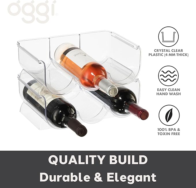 Oggi Bottle Rack for Wine, 6 Bottle Wine Storage - Stackable Wine Rack, Secure Stack Tabs. Water Bottle Storage, Wine Bottle Holder for Kitchen, Cabinet, Fridge - Each Rack Holds 3 Bottles, 2 Pack