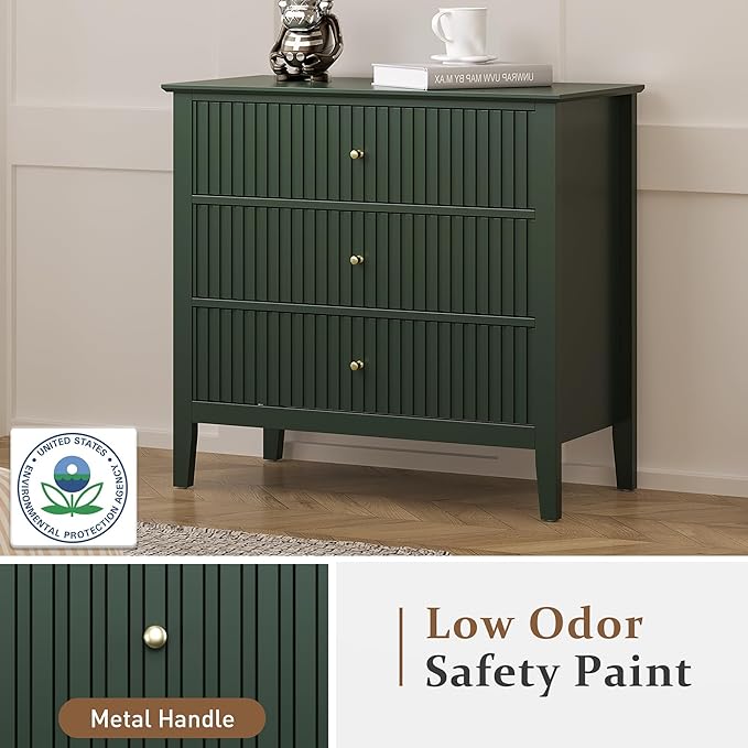 RoyalCraft Fluted 3 Drawer Dresser, 32 inch Wide Dresser Nightstand for Bedroom, Modern Wood Chest of Drawers, Large Painted Nightstand with 3 Drawers for Closet, Hallway, Entryway, Dark Green