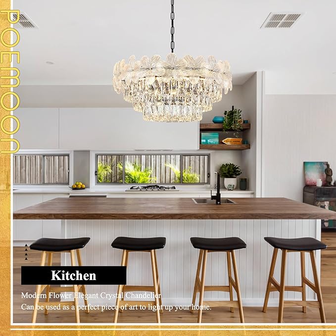 11 Lights Modern Crystal Chandelier 24" 6-Tier Black Luxury Flower Chandelier Light Fixture for Living Dining Room Kitchen Entryway Bedroom Foyer, E12
