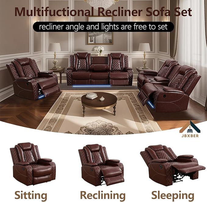 Power Recliner Sofa Sets for Living Room, Leather Recliner Sofa Set with LED Light, Console Storage, Cup Holder for Home Theater Seating(Loveseat and Chair,Red)