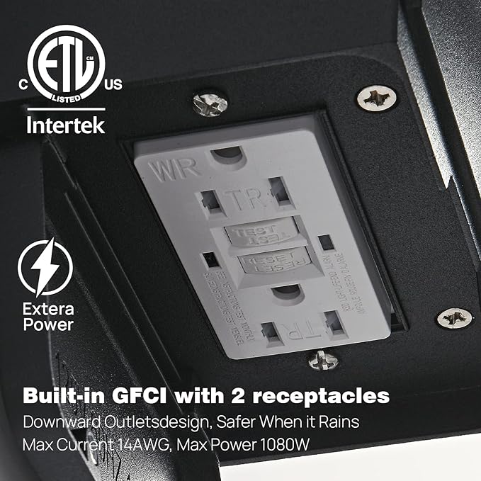 Dusk to Dawn Porch Lights with GFCI Outlets Waterproof Outdoor Wall Lights Exterior Lighting Fixtures Modern Outside Lights Wall Mount for House Patio Garage,Black,11.8''H, 2 PC