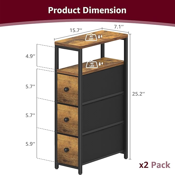Narrow Night Stand Set 2 - Nightstand with 3 Drawers Skinny Bedsides Tables for Small Space Dresser for Bedroom Living Room Slim Side Table, Farmhouse Brown