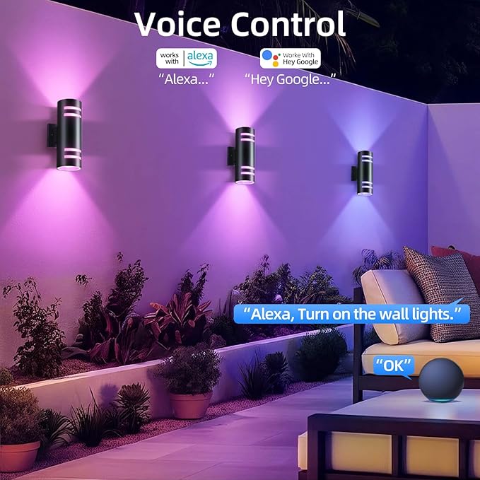 SHIMR Modern Outdoor Wall Lights Color Changing 2 Pack, RGBCW Smart Outdoor Lights Ambiance Sconce with Remote Control, Black Aluminum Exterior Lighting Fixtures Up and Down Lights [ETL Listed]