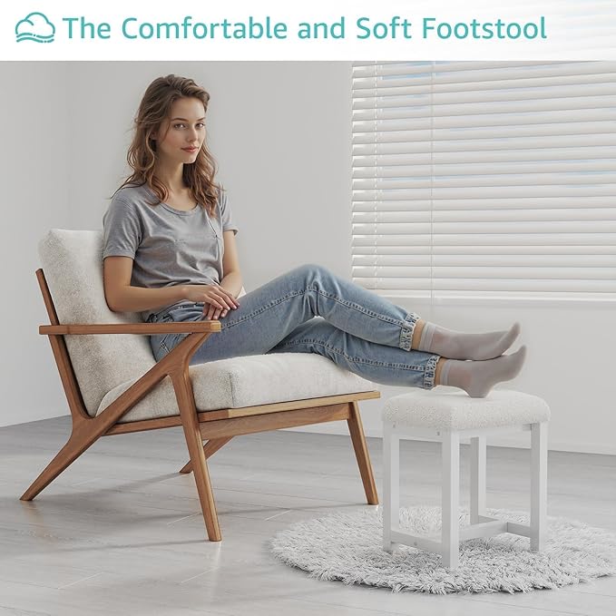 Small Vanity Stool, Cute Vanity Stools with Faux Teddy Fur Cushion, White Makeup Vanity Chair for Small Spaces, Living Room, Bedroom, Bathroom, Entryway, Ottoman Foot Rest for Couch Sillas Modern