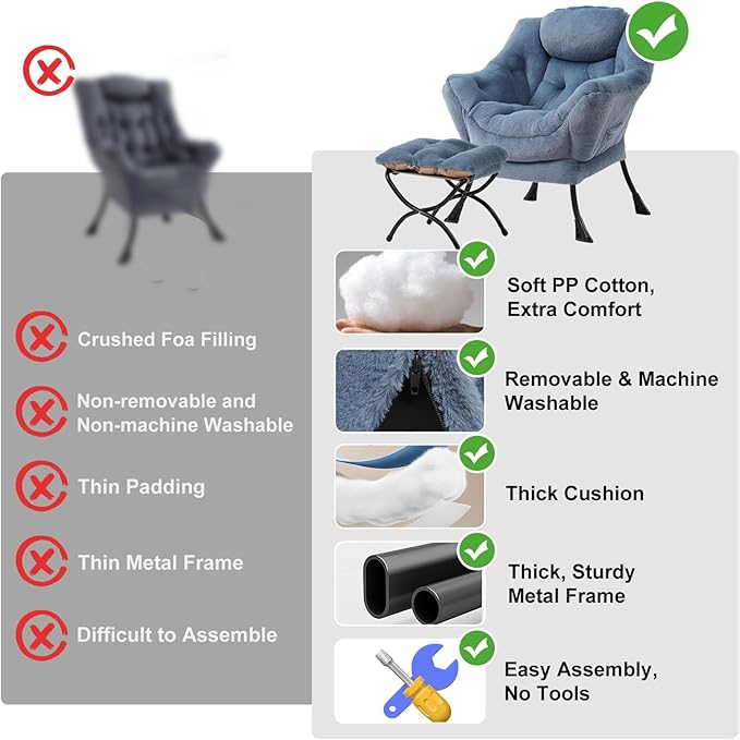 Lazy Chair with Ottoman, Modern Chair with Folding Footrest, Plush Light Blue Accent Chair, Comfortable Reading Chair, Oversized Armchairs for Bedroom, Study, Living Room, Courtyard