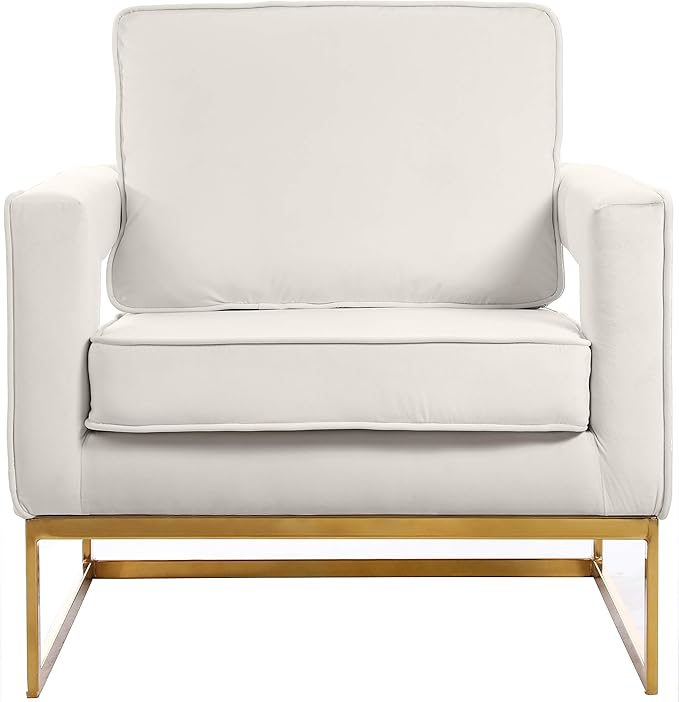 Meridian Furniture Noah Collection Modern | Contemporary Velvet Upholstered Accent Chair with Durable Iron, 33" W x 29" D x 35" H, Cream, Gold Base