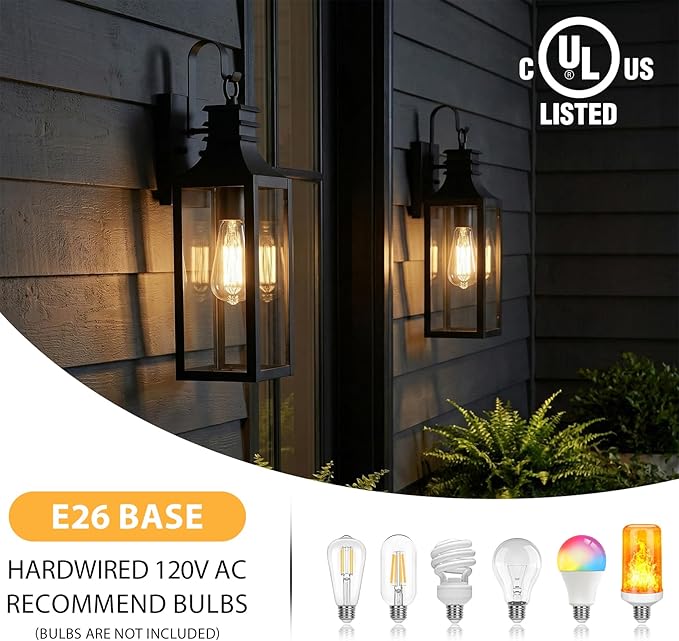 18" Outdoor Wall Lights 2-Pack, Black Modern Exterior Sconces with Clear Glass, Waterproof Aluminum Porch Lighting Fixtures, E26 Medium Base Lantern for House Garage Patio Front Decor