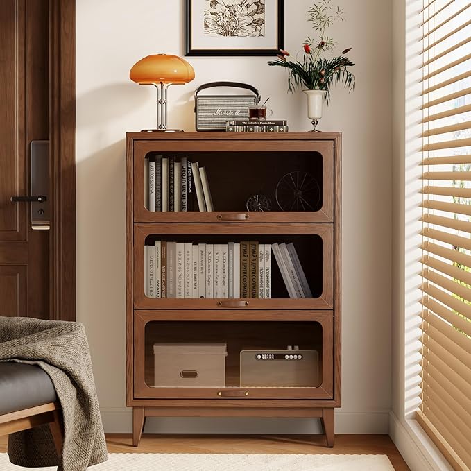 AQIMUELE Solid Wood Storage Cabinet with Glass Doors, 3 Shelf Small Storage Cabinet, Mid Century Modern Bookcase, Kitchen Pantry Cabinet (Walnut-Clear Glass, 31.5" W)