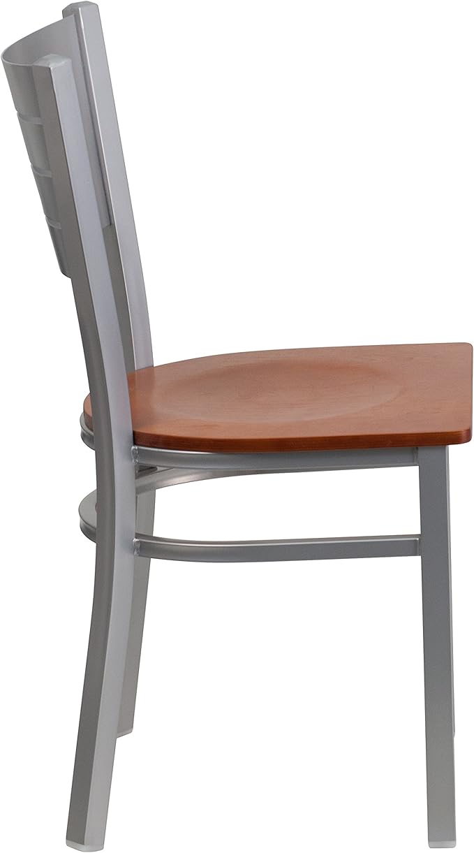 Flash Furniture HERCULES Series Silver Slat Back Metal Restaurant Chair - Cherry Wood Seat