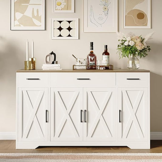 Garvee 55 in Large Buffet Sideboard Cabinet with Storage 4 Doors and 3 Drawers Kitchen Storage Cabinet Coffee Bar Buffet Table for Dining Room, Living Room, Adjustable Shelf