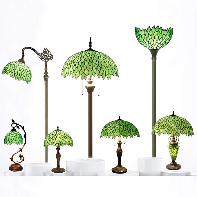 WERFACTORY Tiffany Style Lamp Green Wisteria Stained Glass Table Desk Reading Light, Metal Leaf Base 8X10X21 Inches Decor Small Space Bedroom Home Office S523 Series