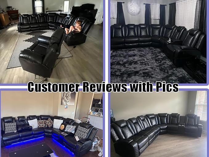 Power Reclining Sectional Sofa, Leather Power Recliner Sofa Set for Living Room, Black Breathing Leather Sectional Reclining Couches Set with LED Light/Cup Holder/USB Port for Home Theater