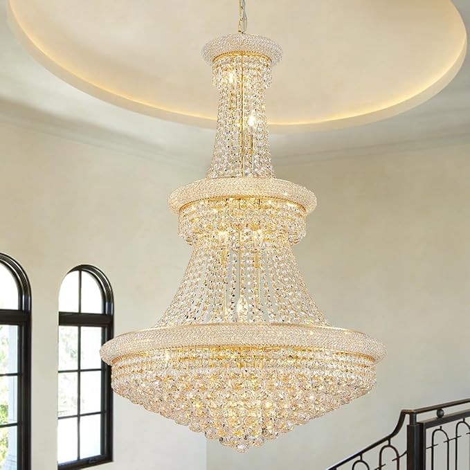 19-Lights High Ceiling Chandelier Modern Gold Crystal Chandeliers Large Foyer Chandelier Fixtures for Staircase Living Room Hallway Entryway (H47 x W31.5)