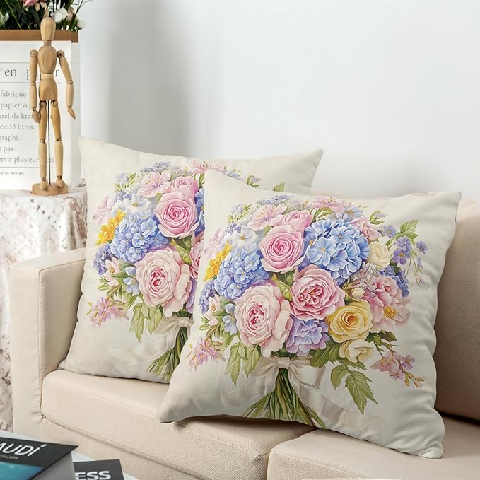 Spring Summer Floral Pillow Covers 18x18 Pink Rose Blue Hydrangea Throw Pillow Covers Exquisite Bouquet Pillow Case Flowers Cushion Case for Living Room Couch Sofa 2 Pack