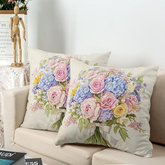 Spring Summer Floral Pillow Covers 18x18 Pink Rose Blue Hydrangea Throw Pillow Covers Exquisite Bouquet Pillow Case Flowers Cushion Case for Living Room Couch Sofa 2 Pack