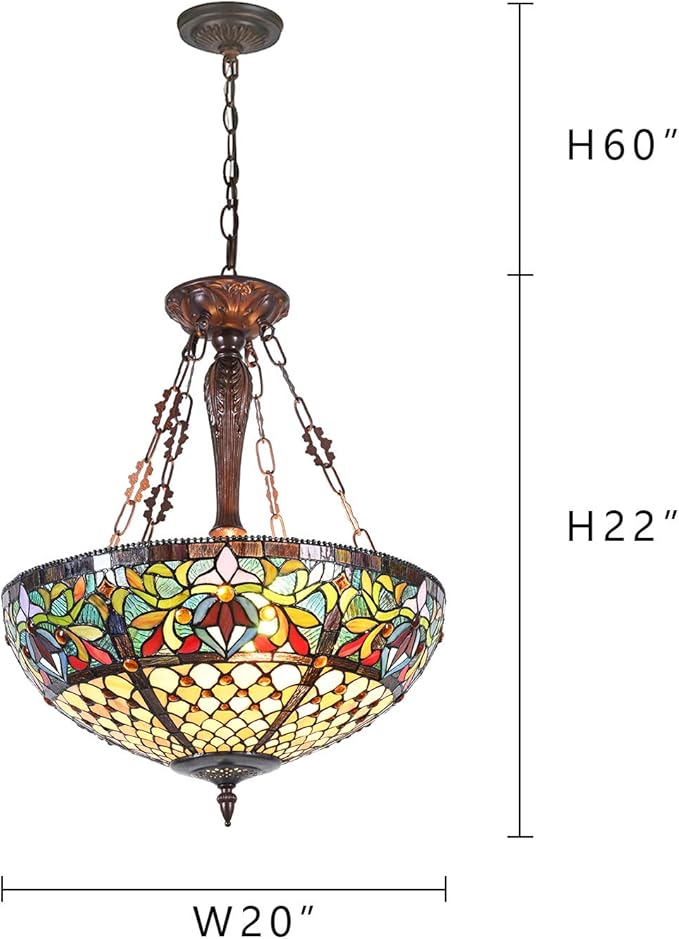 Capulina Tiffany Lamp Stained Glass Chandelier Pendant Light 3-Light 20 Inches Wide Victorian Tiffany Style Hanging Lamp for Living Room Stairway Foyer Entryway Hallway Home Office