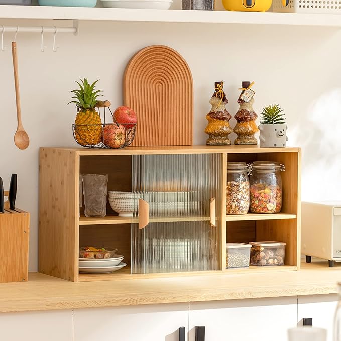 HollyHOME Bamboo Wall Mounted Kitchen Pantry Sideboard with 2 Doors and Adjustable Shelves, Freestanding Wall Storage Cabinet with Shelf for Bottle, Dish, Bowl, Console Dining Cupboard, Burlywood